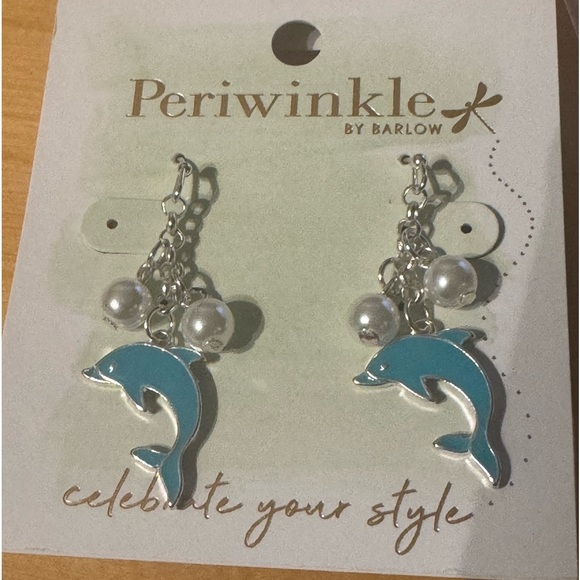 Periwinkle by Barlow Dolphin Dangle Earrings in Silver and Blue with Faux Pearls - Picture 2 of 3